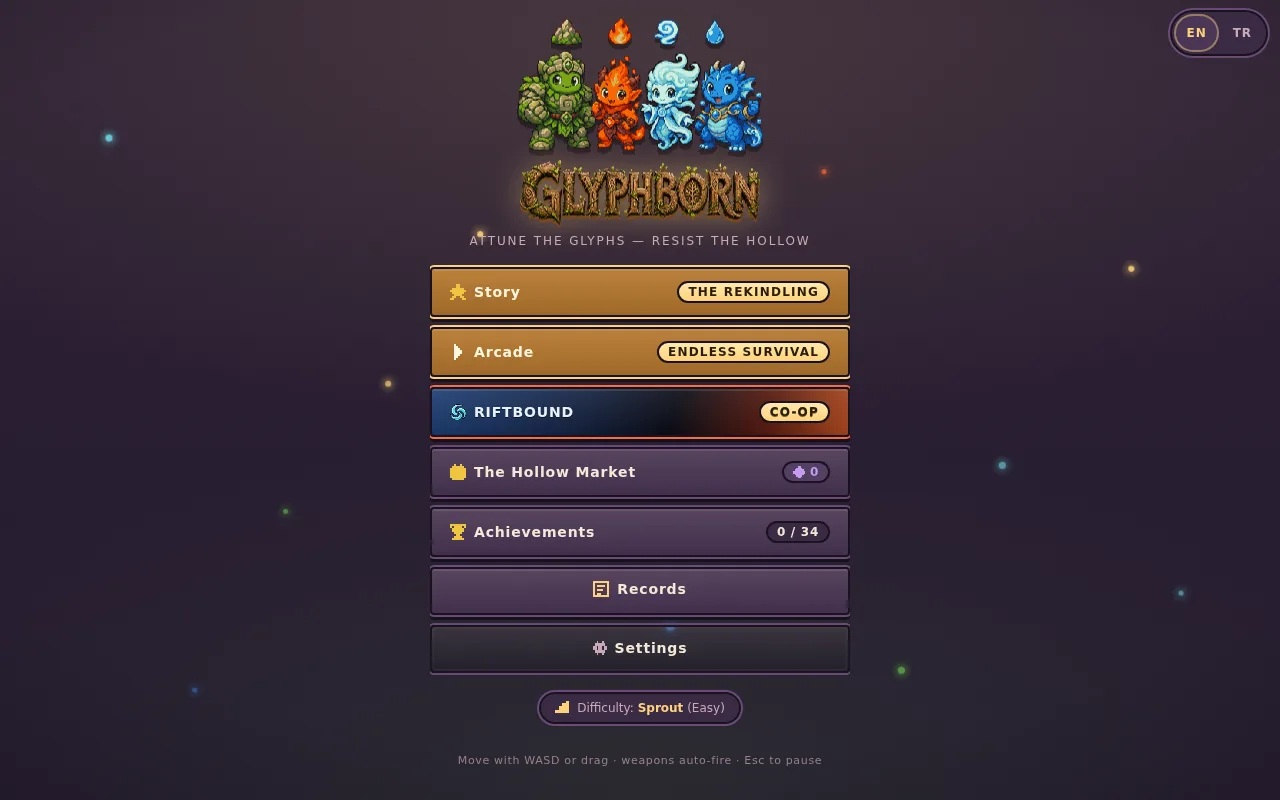 Glyphborn survival roguelite title screen