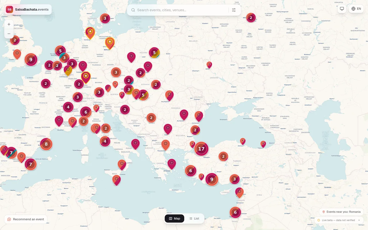 SalsaBachata.events map of dance events around the world